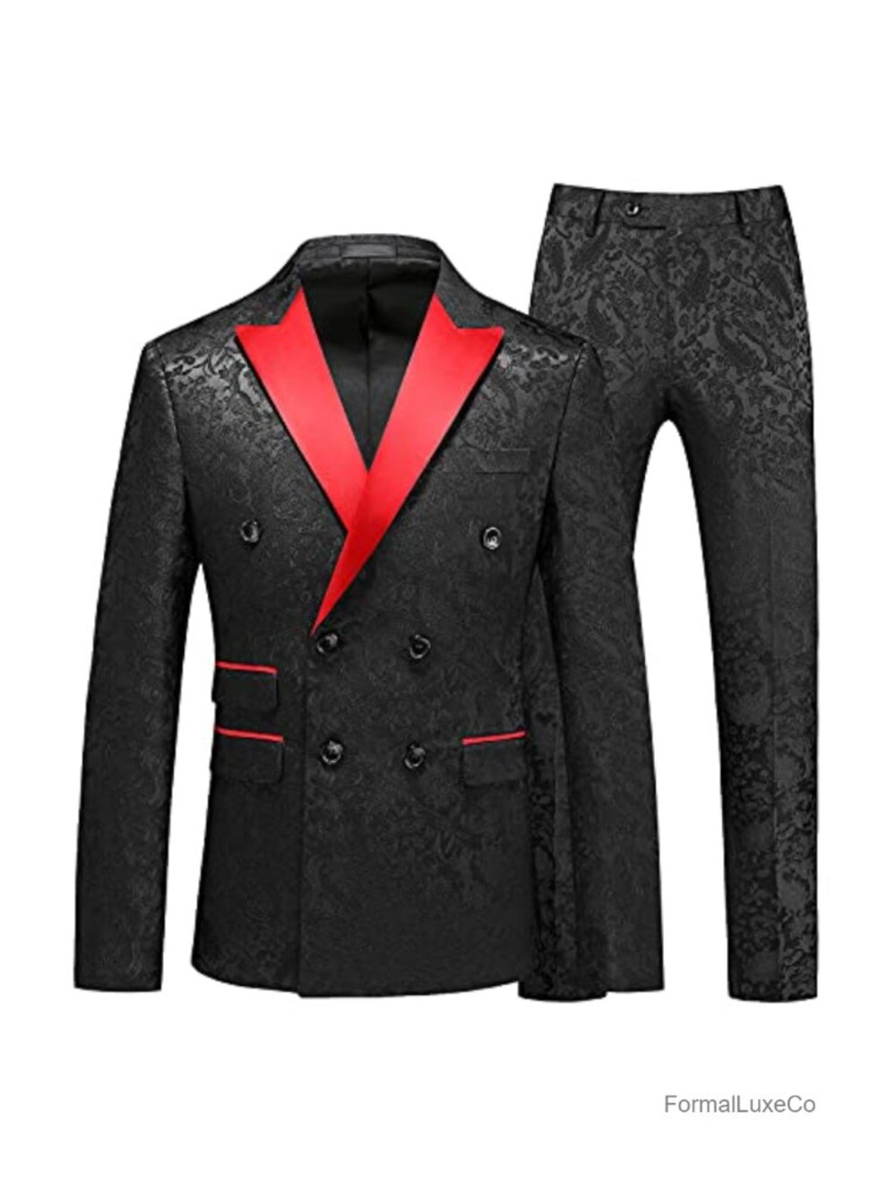 Slim Fit Men's 2 Piece Double Breasted Tuxedo Suit Floral Jacquard Vintage Prom